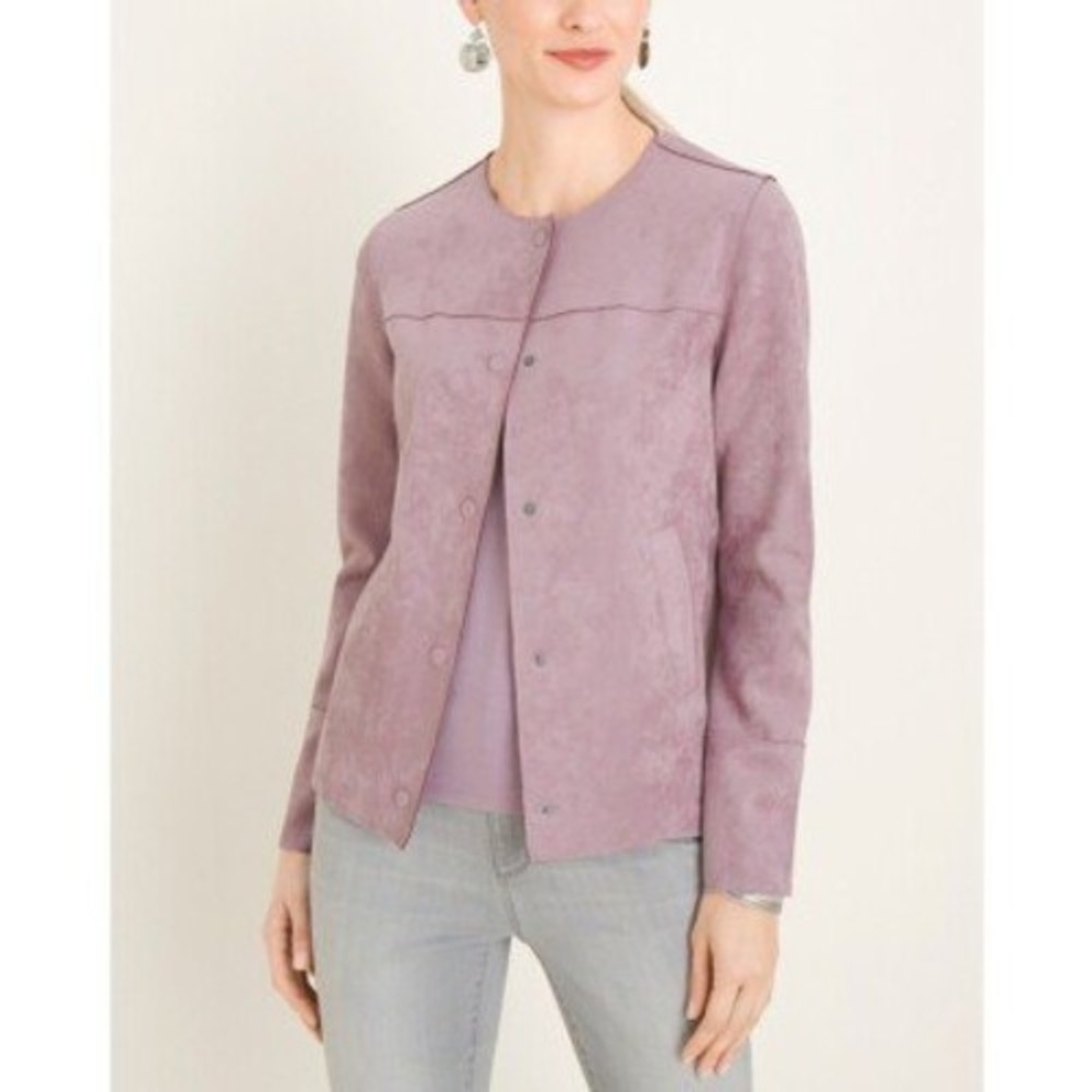 Chicos Scuba Suede Jacket Minimalist Pastel Purple Size 8/10P Snap Front NEW